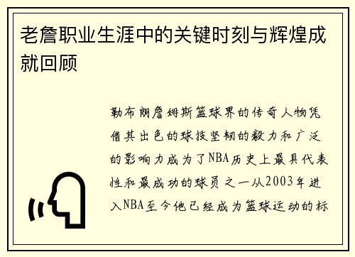 老詹职业生涯中的关键时刻与辉煌成就回顾